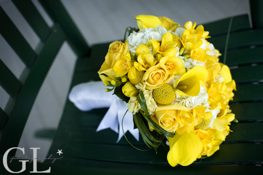 cream Hydrangea, yellow Calla lily, yellow Freesia, yellow Craspedia balls, pale yellow Stock, yellow Roses, Genevieve Leiper Photography