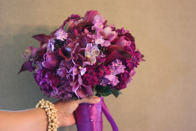 We brought Melissa a bouquet of deep purple hydrangea purple stock 