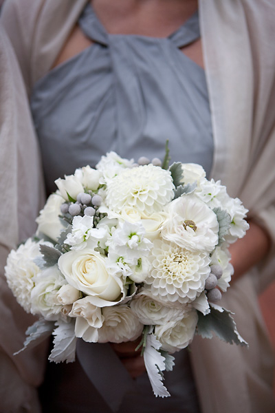 white dahlias, brunia, dusty miller, silver berry, stock, ranunculus, white roses, white bouquet