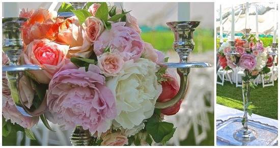 silver vasescource vase pink garden roses Ellen Snyder Floral Design Chapel Designers