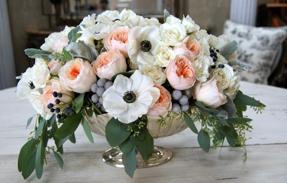 white anemones peach garden roses composte centerpiece fleur de vie houston chapel designer