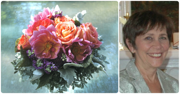 bridal bouquet pink and orange roses dahlias Dreamweavers, LLC
