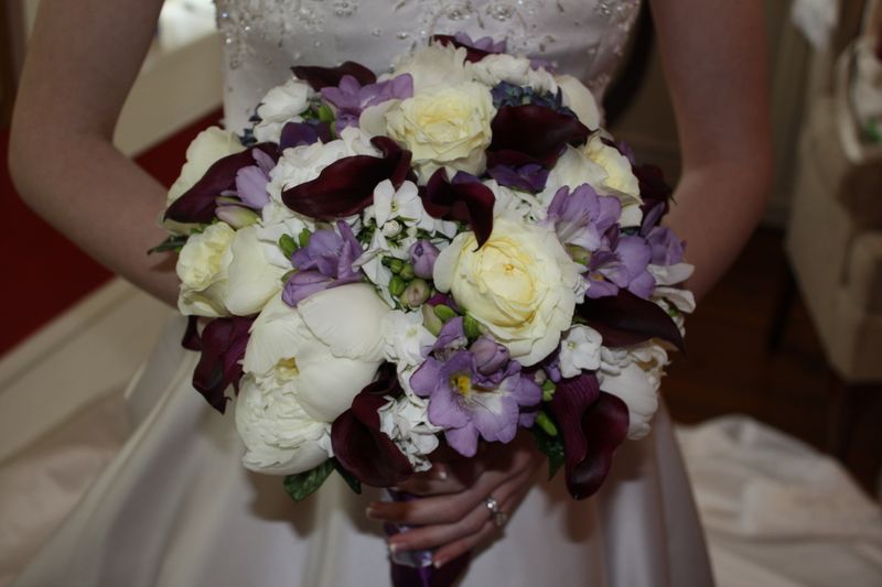 white phlox, deep purple callas, lavender freesia, white cabbage roses, white peonies, White Hall