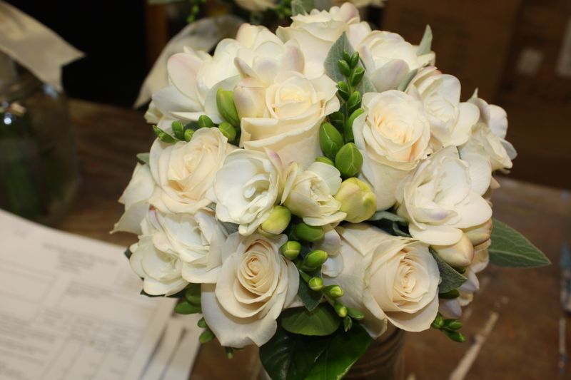 double white freesia, Vendella roses, lambs ear, Gardenia Foliages