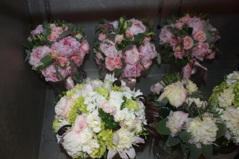 hydrangea, fiddle head fern, roses, peonies