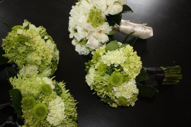 green carnations, hydrangea, mums, hypericum berries, peonies