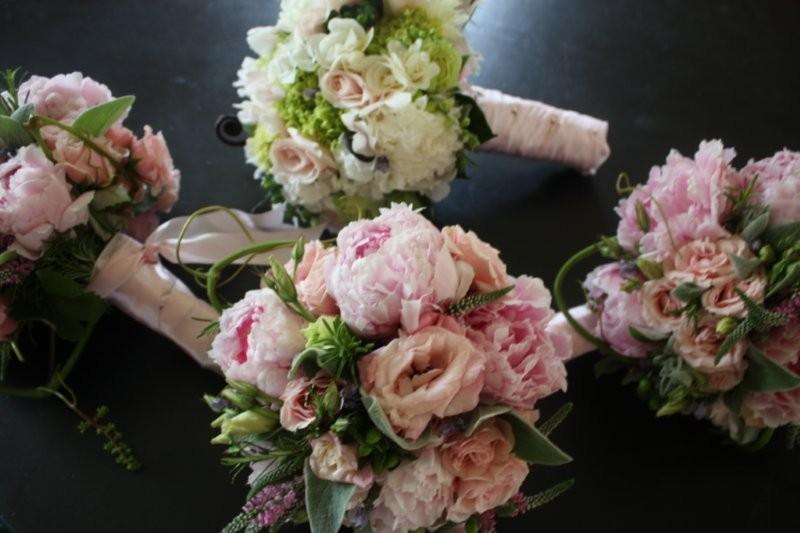 peonies, roses, lambs ear, hydrangea, fiddle head fern