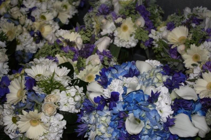 blue delphinium, calla lilies, hydrangea, stock, gerber daisies