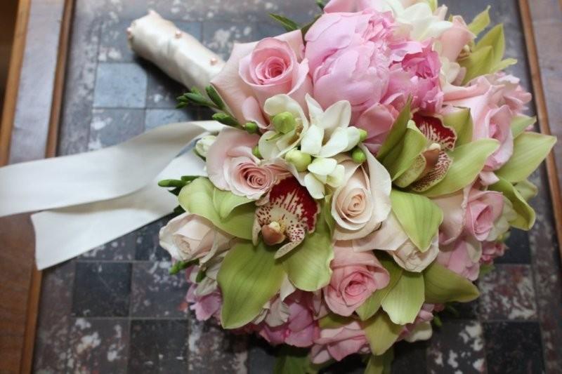 Cymbidium Orchids, Sophie Roses, white Freesia, pink Peonies, Candy Bianca pale pink Roses