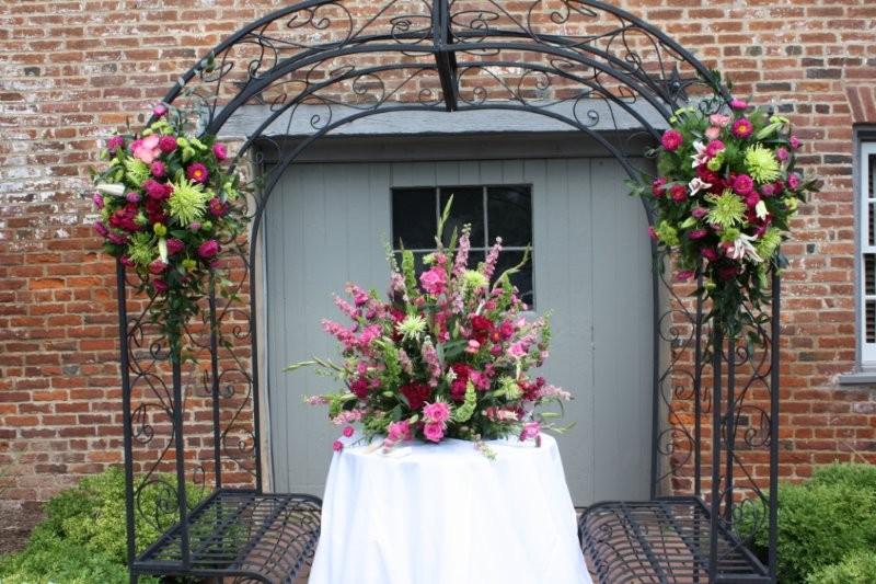 football mums, gladiolas, roses, bells of ireland