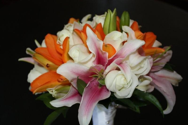 orange Lily, Stargazer Lily, white Roses