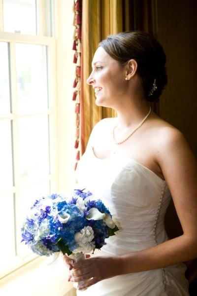 white tulips, blue hydrangea, white mini callas, white stock, blue delphinium, blue triteleia