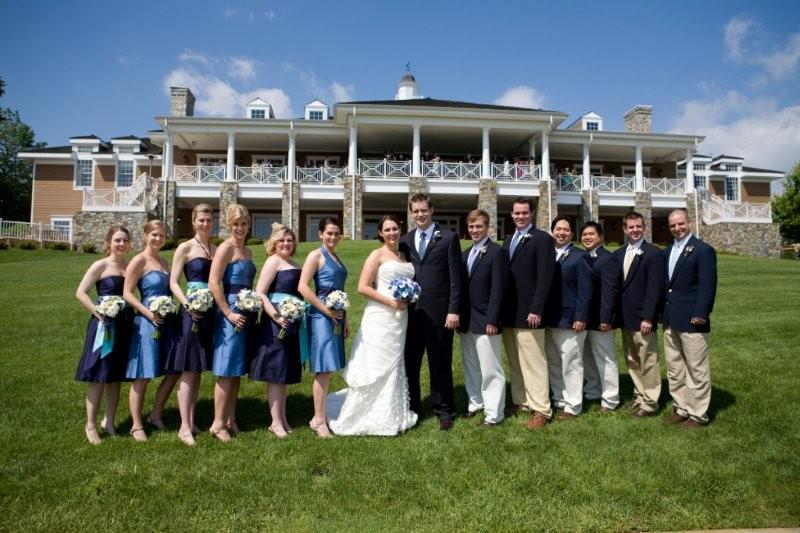 white tulips, blue hydrangea, white mini callas, white stock, blue delphinium, blue triteleia