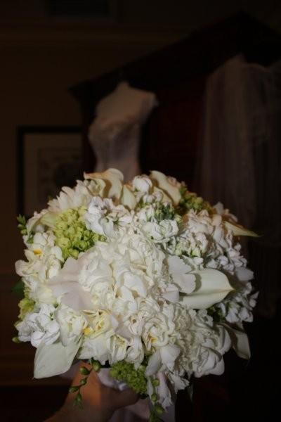 white Peonies, white mini callas, mini green Hydrangea, white Stock, white Freesia