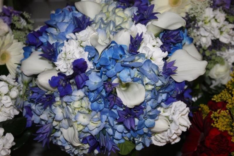 blue delphinium, calla lilies, hydrangea, stock