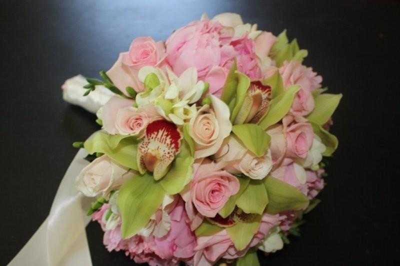 Cymbidium Orchids, Sophie Roses, white Freesia, pink Peonies, Candy Bianca pale pink Roses