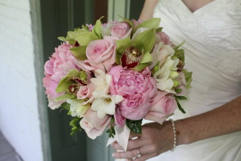 Cymbidium Orchids, Sophie Roses, white Freesia, pink Peonies, Candy Bianca pale pink Roses