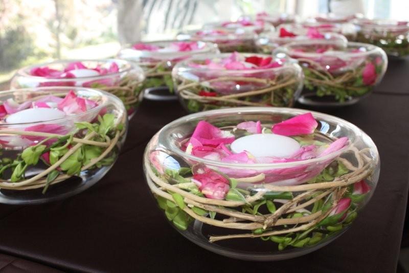 roses, orchids, candle, centerpiece