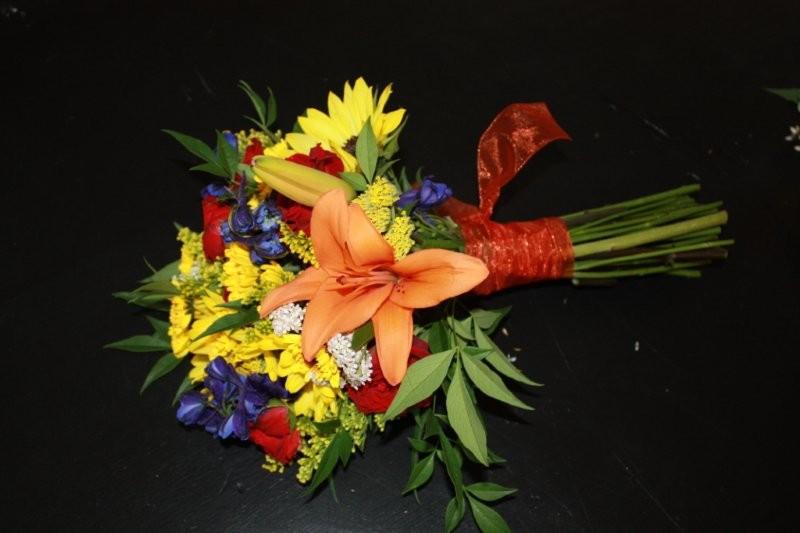 Lily, Blue Delphinium, Roses