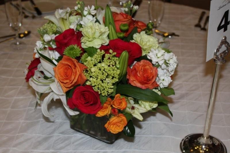 carnations, roses, lilies, hydrangea, mum