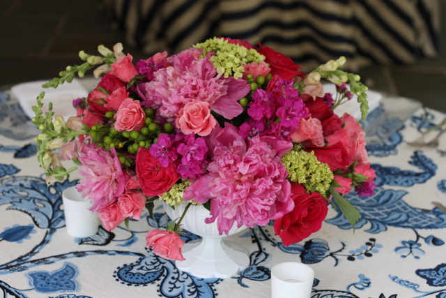 compote centerpiece, pink peony, pink cabbage roses, pink spray roses, green hypericum berry, green hydrangea