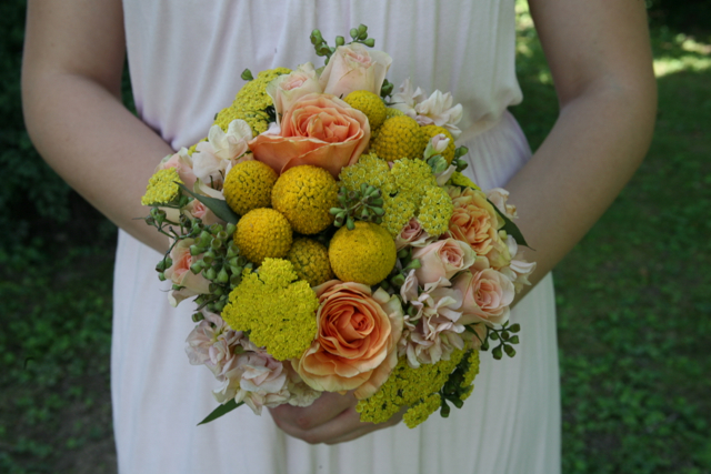 bridesmaid bouquet, yellow billy balls, crespedia, yarrow, peach roses, peach spray roses