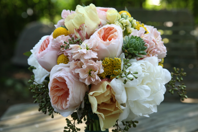 bridal bouquet, bridal bouquet of peach juliet roses, white peony, yellow peony, succulents