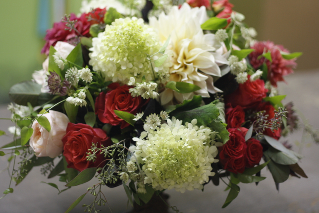 pomegrante toned flowers, cafe au lait dahlias, limelight hydrangea, peach juliet roses, compote bow