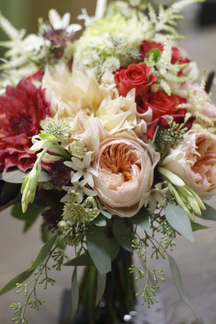 pomegrante toned flowers, cafe au lait dahlias, limelight hydrangea, peach juliet roses,wedding bouquet