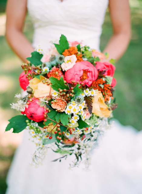  flowers, coral peony, yellow peony, viburnum berry, queen annes lace