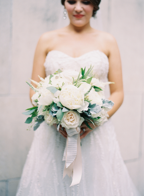 trend setting bridal bouquet by designer Lesley Frascogna of Tulip Curated Florals - Jackson, Mississippi, white peonies, white garden roses, veronica, astilbe, dusty miller and seeded eucalyptus