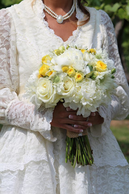 bridal bouquet by designer Jessica Jones of Blooms'n Blossoms - Georgetown, KY, white peonies, garden roses, white scabiosa, craspedia and yellow ranunculus