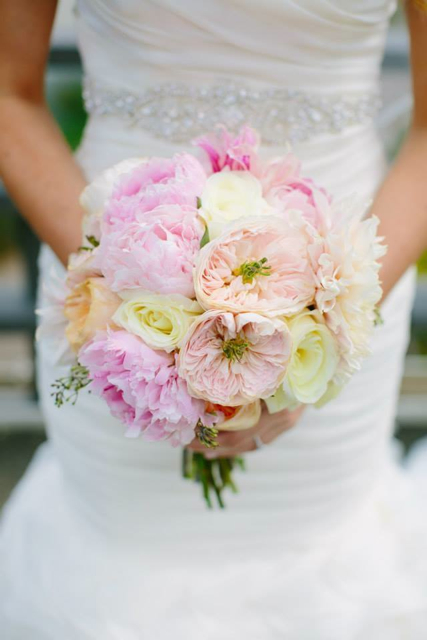 Bridal bouquet by designer Alexandra Jusino of Exquisite Designs - Chicago, Illinois, with blush peonies, garden roses and café au lait dahlias