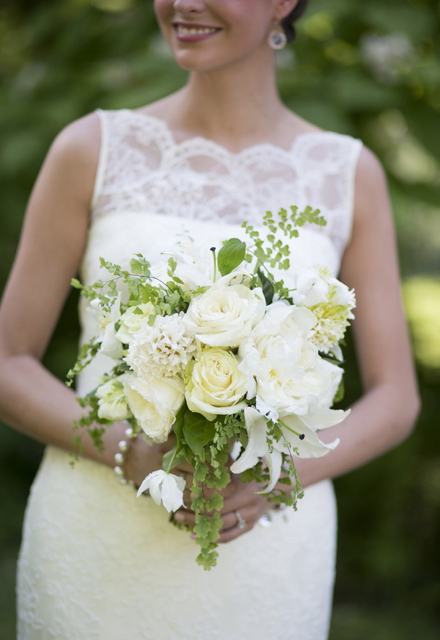 Bridal bouquet by designer Janna Avery of Callista Designs - Linville, NC, with white hyacinth, peonies, roses, lilies, hellebores and maidenhair fern