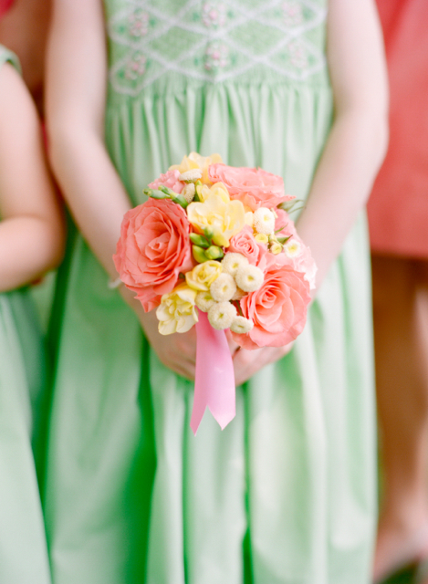 amsterdam roses, yellow stock, coral and yellow wedding