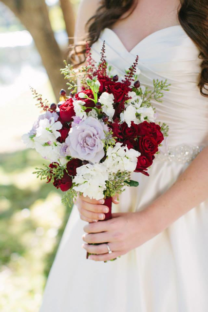 Bridal bouquet by Designer Lauren Walloch of Garden Gate Florals - Central Florida, with lavender roses, red roses, white stock, astilbe and seeded eucalyptus