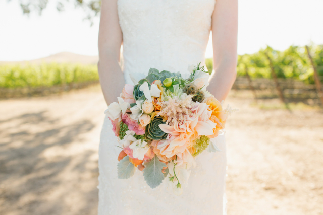 Bridal bouquet by designer Laura Cogan of Passion Flowers Design, Buellton, CA, with café au lait dahlias, blush astilbe, sweet pea, succulents, scabiosa and dusty miller