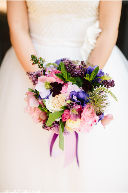 Bridal bouquet by Designer Kim Kalmbach of Bloomers Floral Design - Sacramento, California, with garden roses, blush hellebores, lilacs, blush ranunculus, purple lisianthus, Queen Anne’s lace and mint