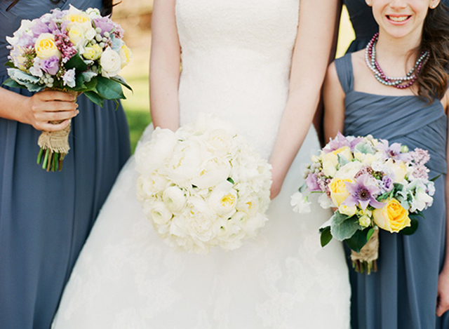 yellow roses, dusty miller, lavender anemone, bridal bouquets