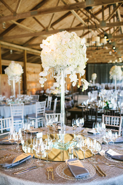 tall white flower arragements, white hydrangea, white Phalaenopsis orchids