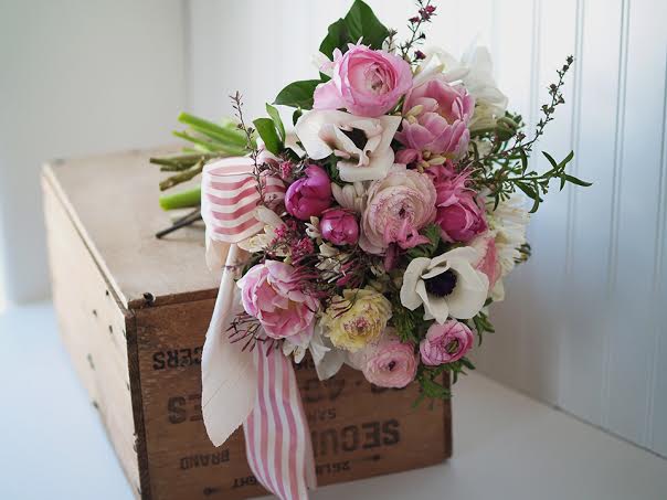 pink and white bouquet with pink stripe ribbon Midori alluring blooms chapel designers