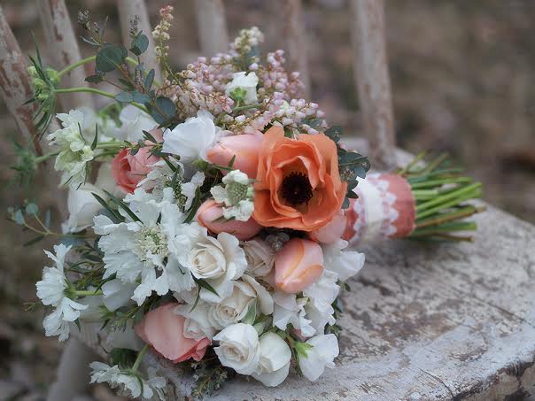 dupioni silk Midori ribbon alluring blooms peach and white bouquet chapel designers