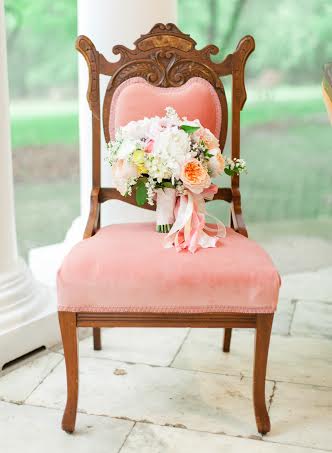 Peach and pink bouquet with Midori ribbon Holly Heider Chapple Flowers Chapel Designer