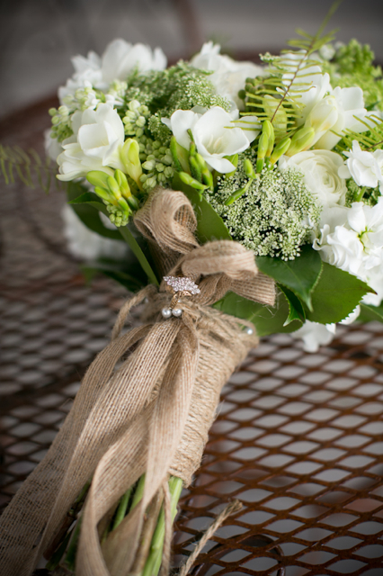 white and green bridal bouquet, burlap ribbon