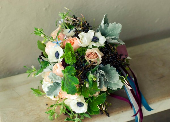 bouquet of anemone roses geranium leaves dusty miller flourish chapel designers