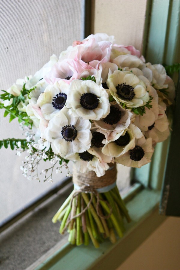 anemones blush and white bouquet blossom alliance chapel designer hand tied