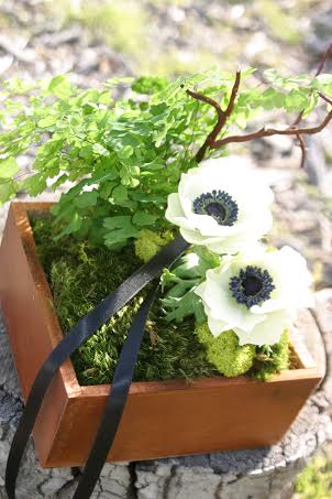 wooden ring bearer box with white anemones passion flower flowers and chapel designers