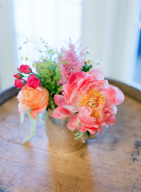 mason jars with coral charm flowers, wedding florist holly chapple