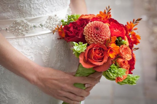 orange green dahlias roses bridal bouquet Celebration Florals