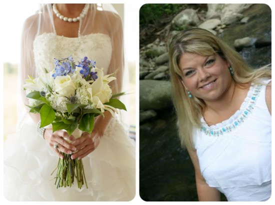 blue and white bridal bouquet of roses and delphinium